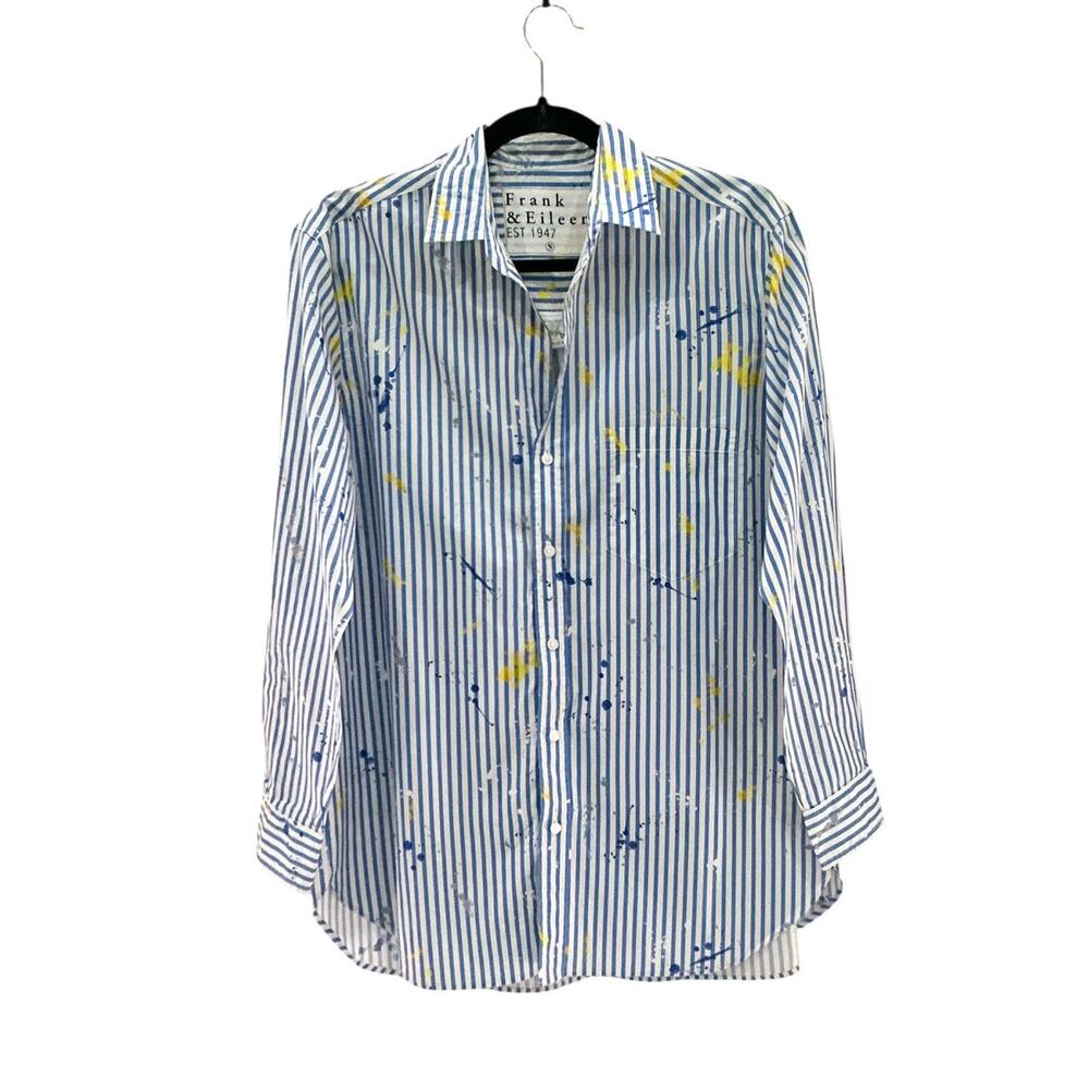 Frank &‎ Eileen Joedy Paint Splatter Blue Stripe Relaxed Button-Up Shirt Small - Picture 2 of 14